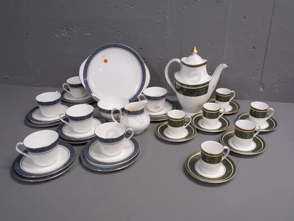 Royal Doulton tea and coffee ware, 2 patterns - Vanborough 6 coffee cups and coffee/tea pot & Sherbrooke pattern tea set Image 1++