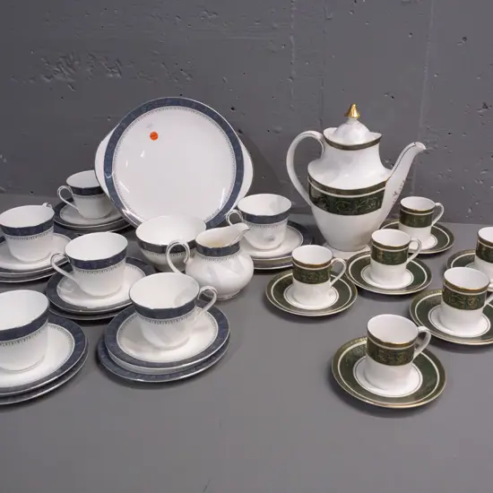 Royal Doulton tea and coffee ware, 2 patterns - Vanborough 6 coffee cups and coffee/tea pot & Sherbrooke pattern tea set