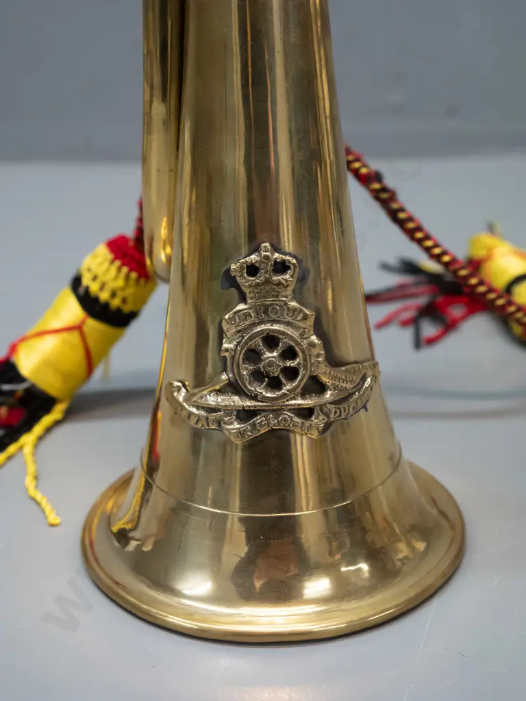 brass ornamental bugle with tassels and cord, RNZ or English field artillery cannon emblem - some fraying to cord L-290 Image 1++