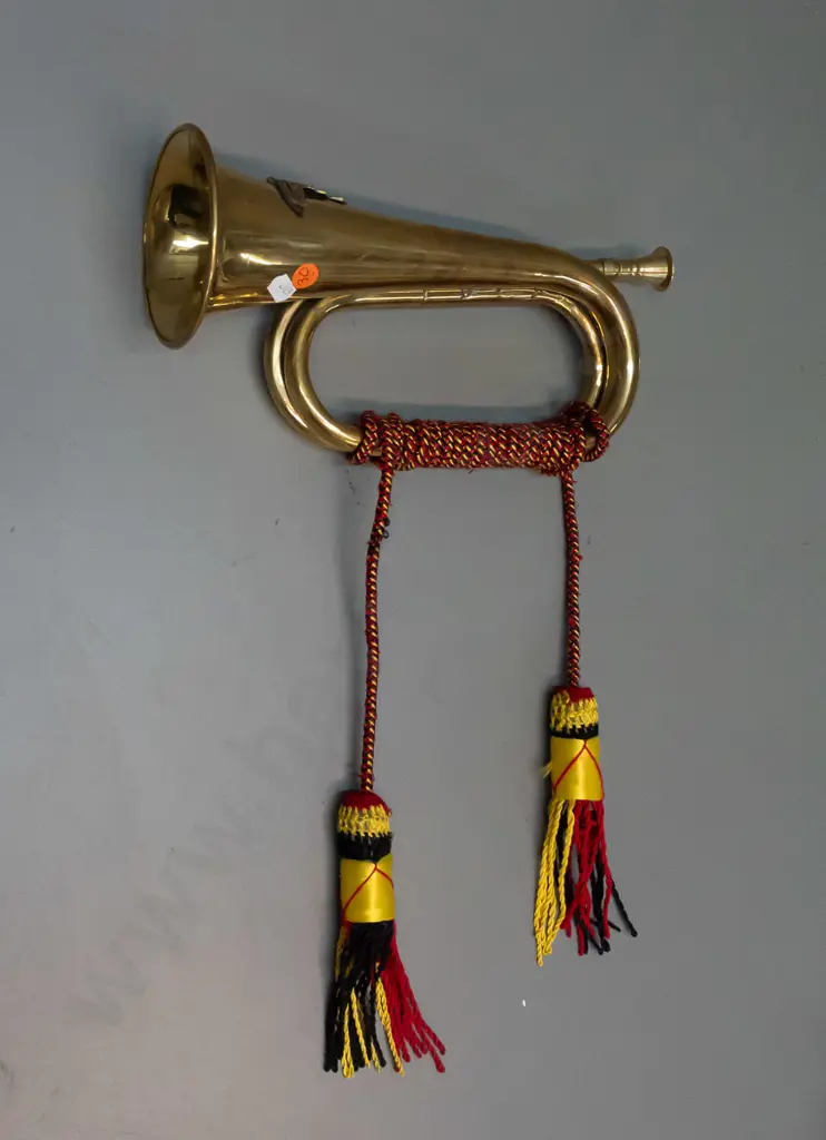 brass ornamental bugle with tassels and cord, RNZ or English field artillery cannon emblem - some fraying to cord L-290 Image 1++