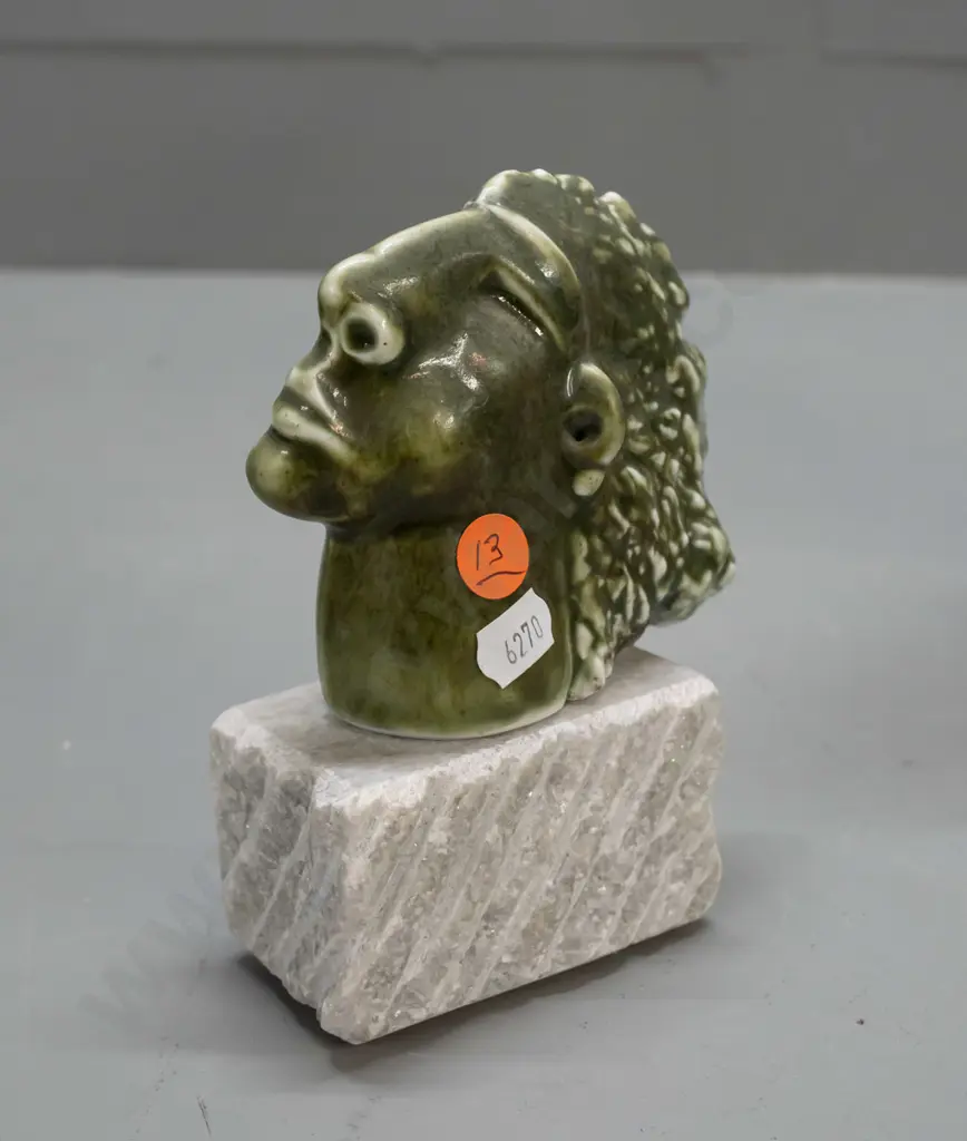 Darryl Robertson NZ studio pottery "Jade Man" ceramic head on Takaka marble base H-150 W-120 Image 1++