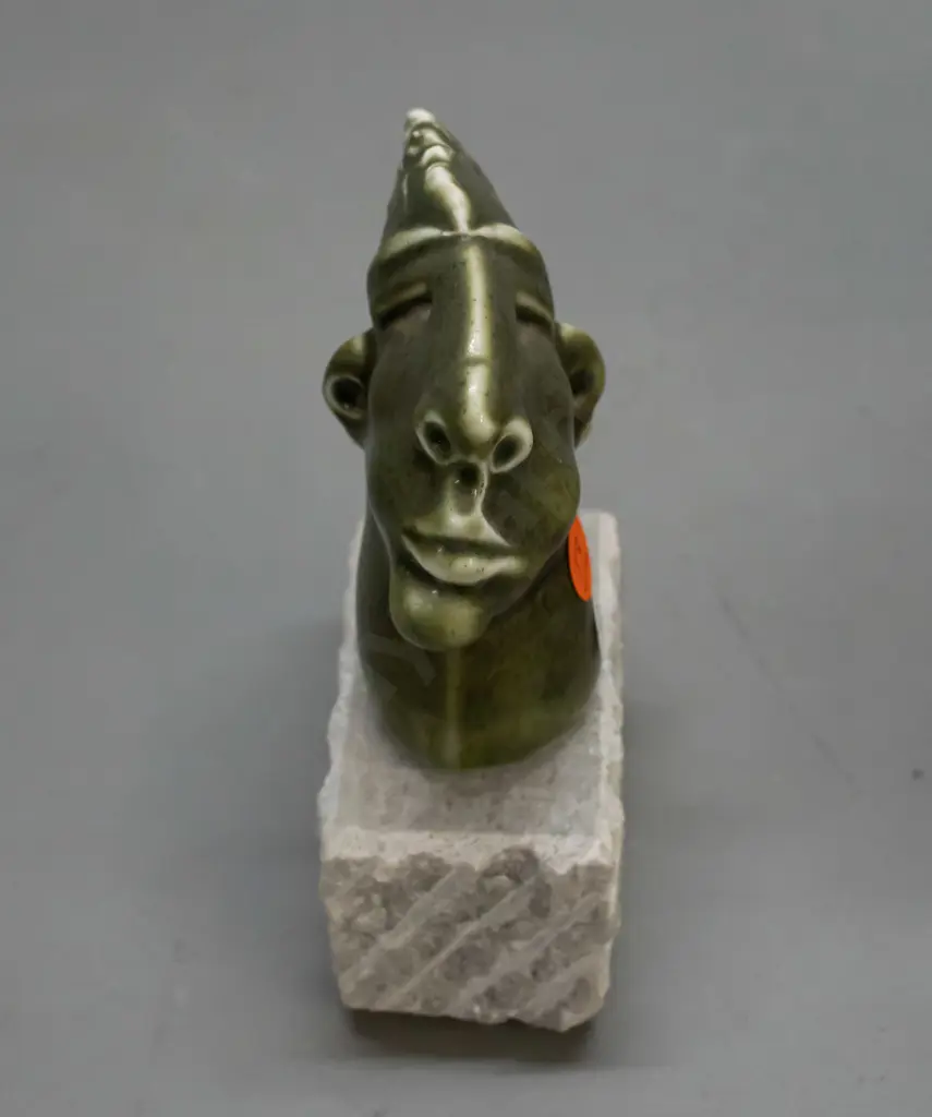 Darryl Robertson NZ studio pottery "Jade Man" ceramic head on Takaka marble base H-150 W-120 Image 1++