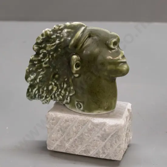 Darryl Robertson NZ studio pottery "Jade Man" ceramic head on Takaka marble base H-150 W-120
