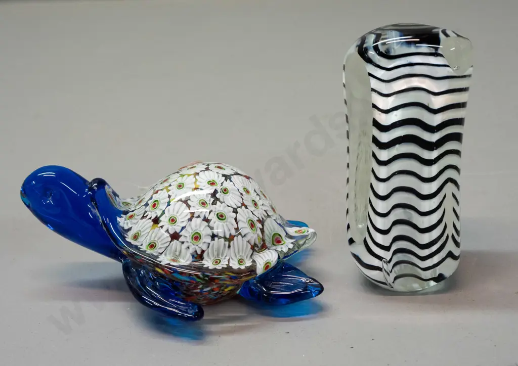 2 art glass items - millefiore style turtle and a black, white & clear ornament Image 1++