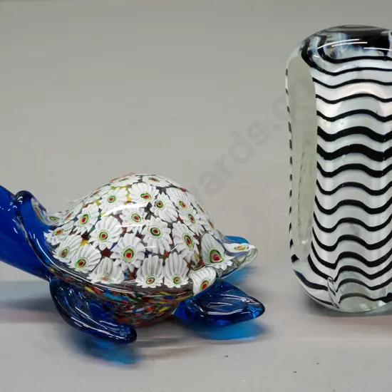 2 art glass items - millefiore style turtle and a black, white & clear ornament