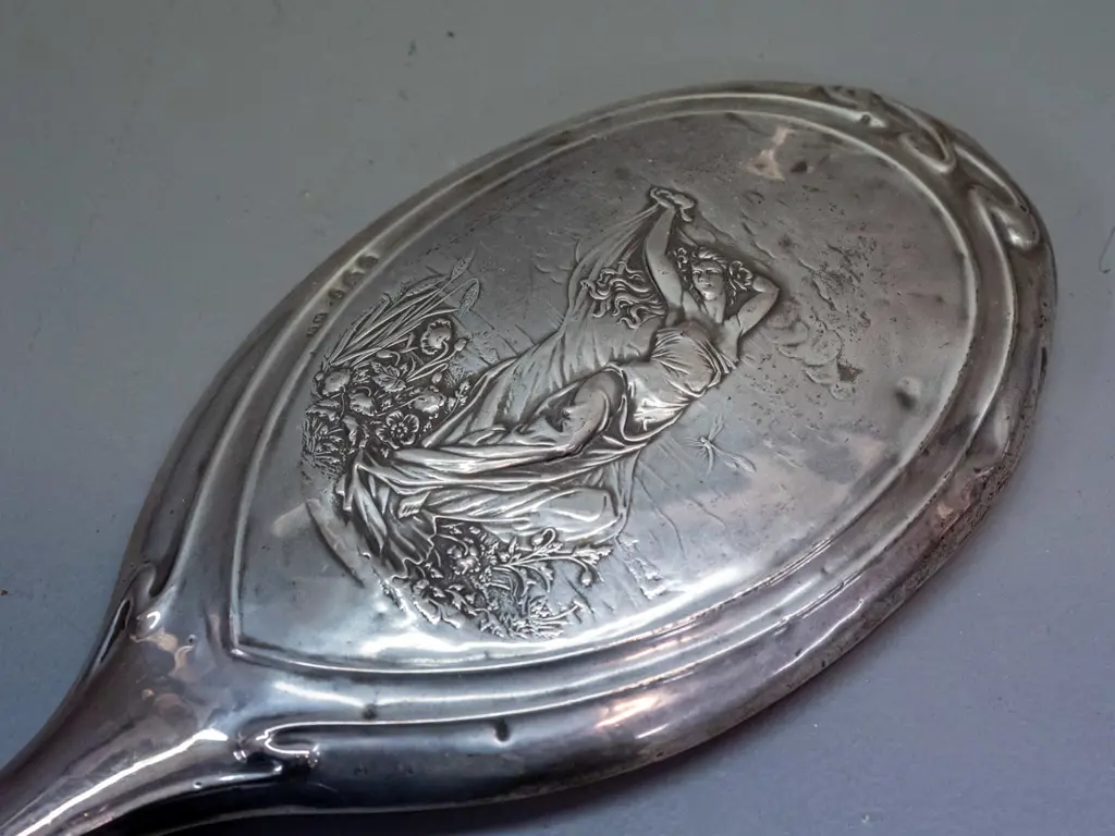 4 pieces of sterling silver - dressing table mirror, 3 cut glass scent bottles, all with some chips to glass stoppers, Image 1++