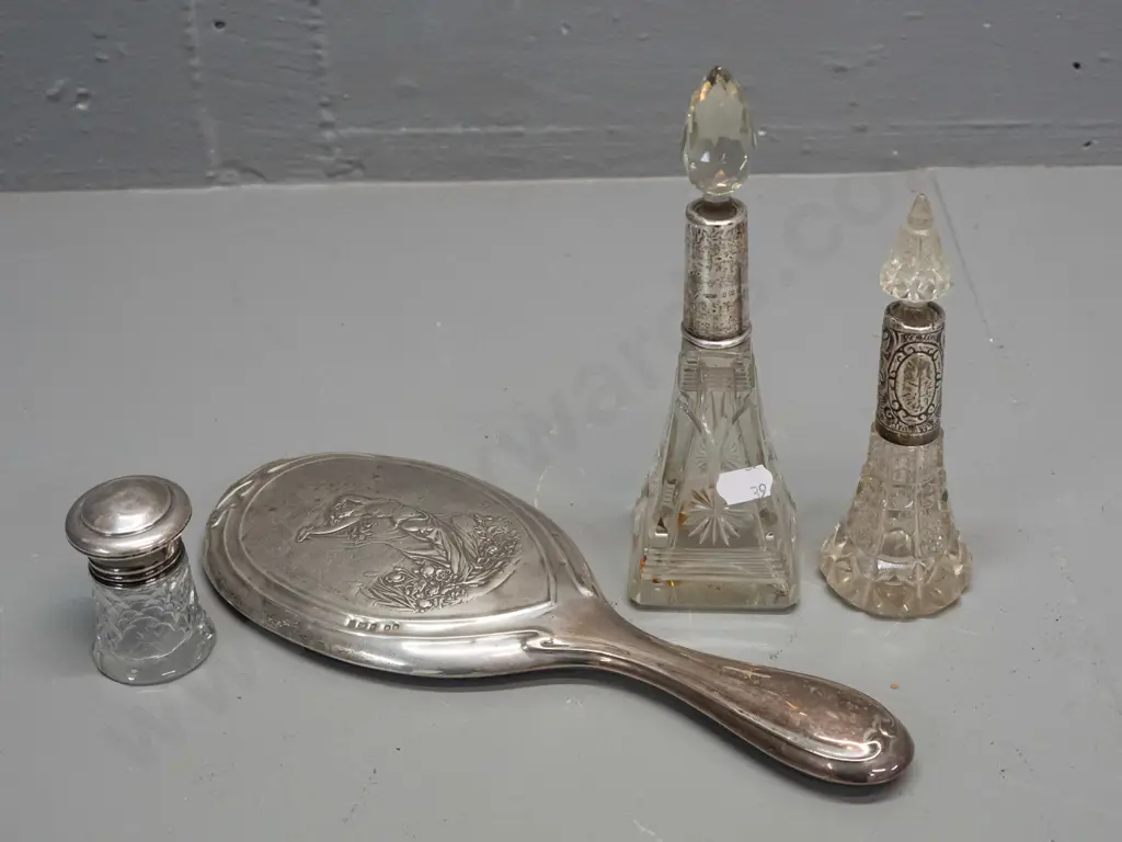 4 pieces of sterling silver - dressing table mirror, 3 cut glass scent bottles, all with some chips to glass stoppers, Image 1++
