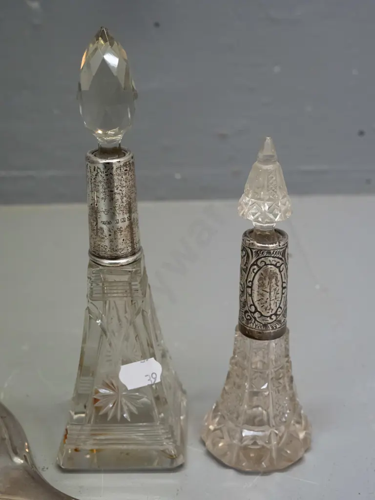 4 pieces of sterling silver - dressing table mirror, 3 cut glass scent bottles, all with some chips to glass stoppers, Image 1++