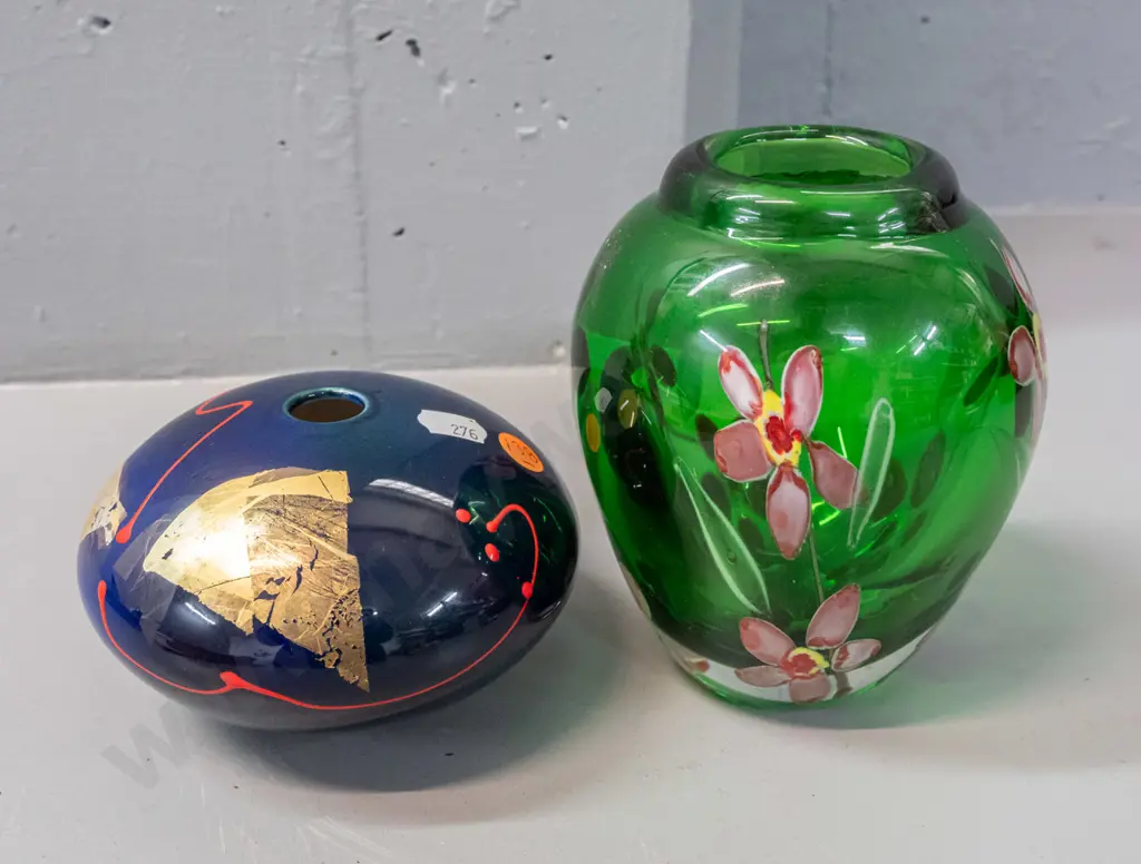 heavy green art glass vase with floral motifs H-145 & a squat pottery vase, unknown NZ maker's mark Image 1++
