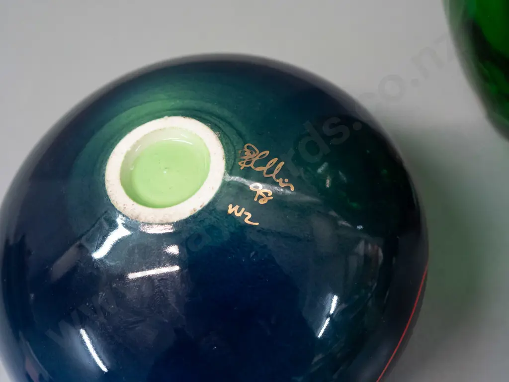 heavy green art glass vase with floral motifs H-145 & a squat pottery vase, unknown NZ maker's mark Image 1++