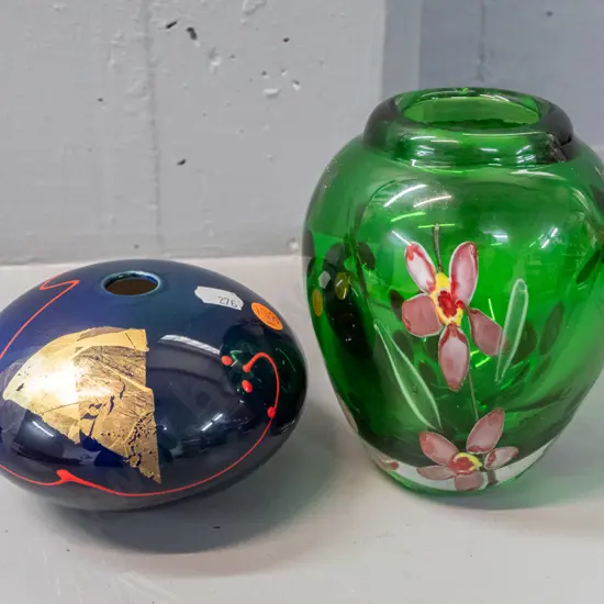 heavy green art glass vase with floral motifs H-145 & a squat pottery vase, unknown NZ maker's mark