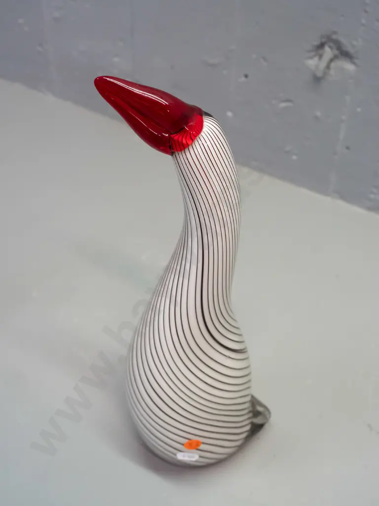 large art glass goose - white with swirled black lines, red bill, clear base and tail H-360 Image 1++