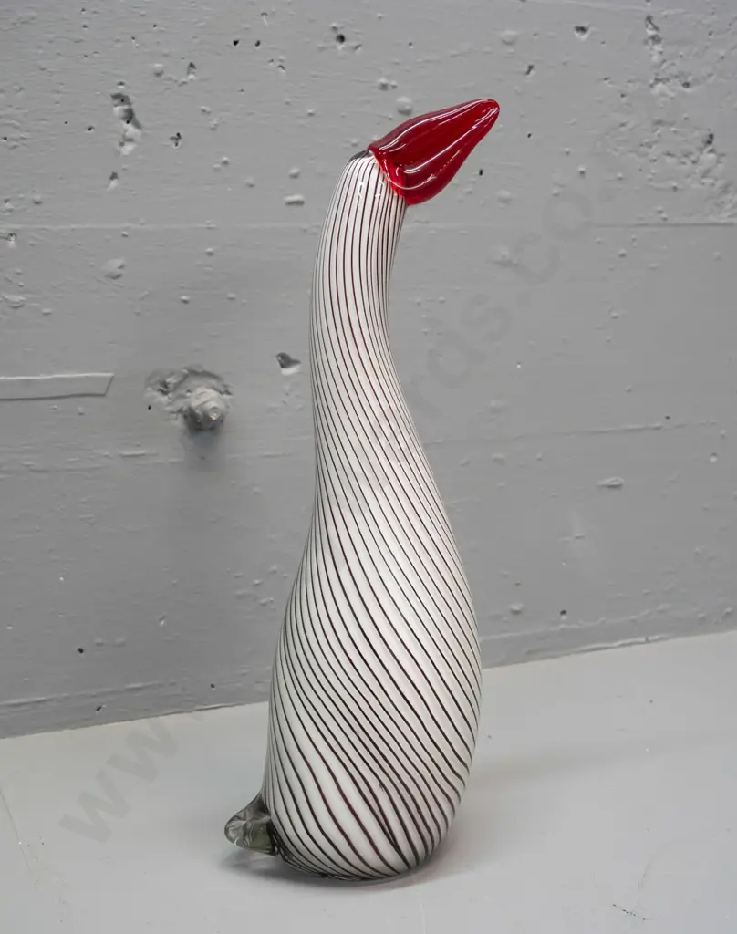 large art glass goose - white with swirled black lines, red bill, clear base and tail H-360 Image 1++