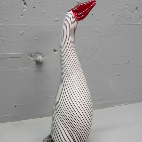 large art glass goose - white with swirled black lines, red bill, clear base and tail H-360