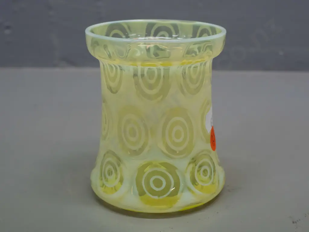 uranium glass pot or vase with milk glass and clear oval motifs pattern H-90 Image 1++
