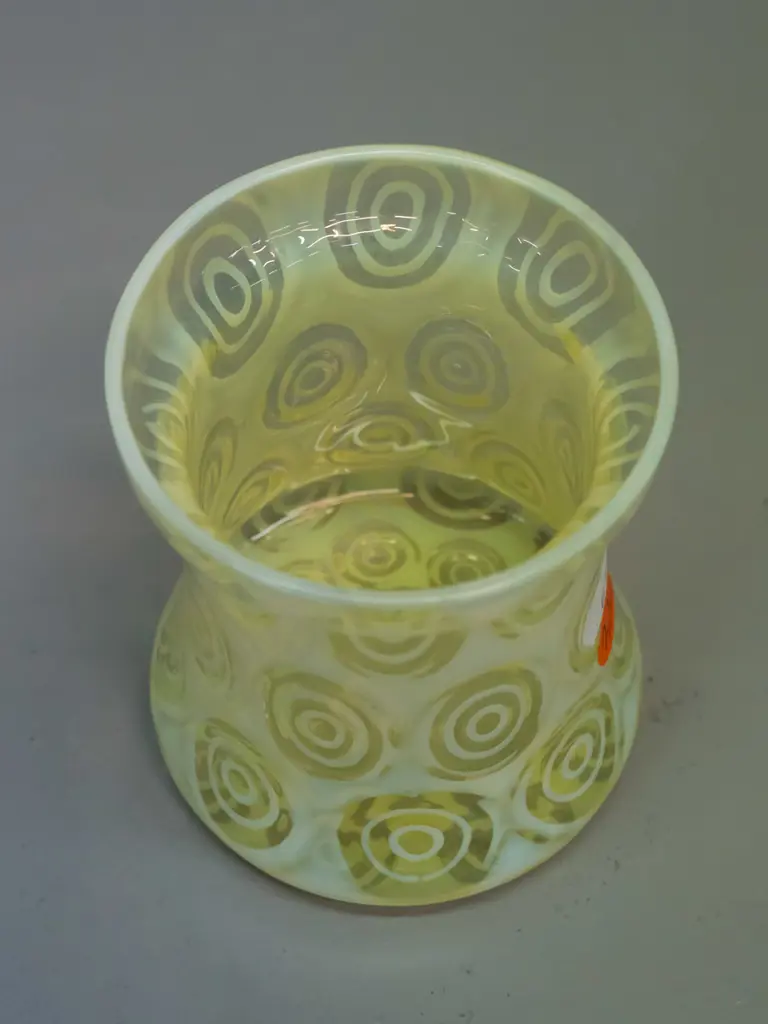 uranium glass pot or vase with milk glass and clear oval motifs pattern H-90 Image 1++