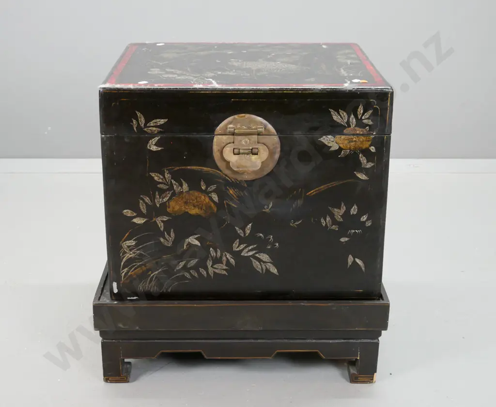 Chinese black lacquer chest on stand - gilded and silver decoration, hinged top section exposes paper-lined interior and Image 1++