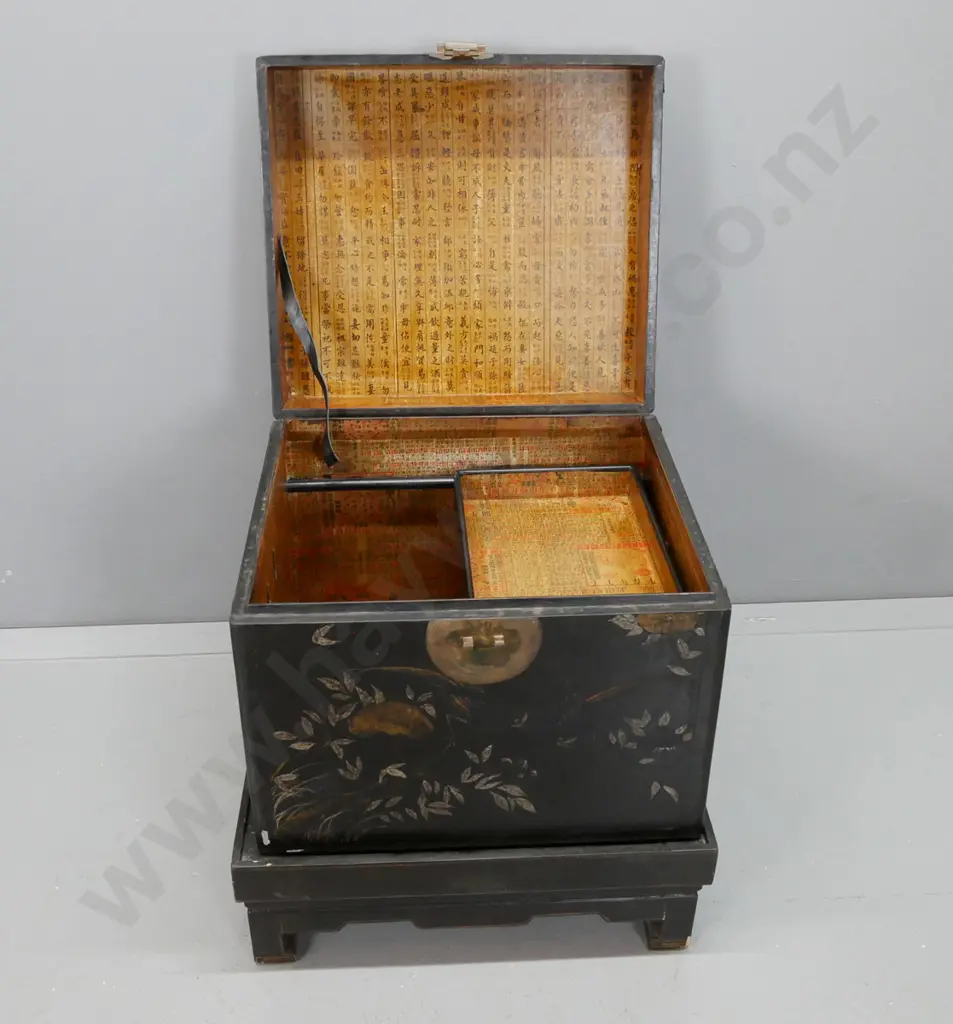 Chinese black lacquer chest on stand - gilded and silver decoration, hinged top section exposes paper-lined interior and Image 1++