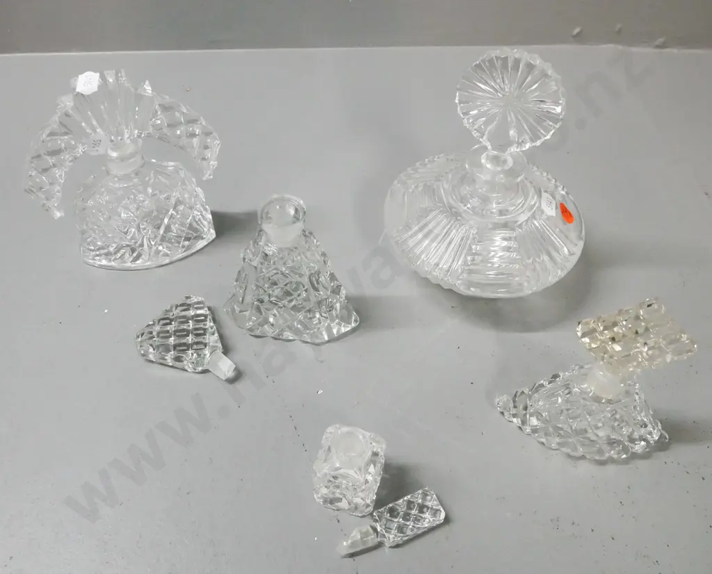 5x cut glass stoppered perfume bottles. 4x hobnail cut, smallest marked 'made in w germany', 2x damaged stoppers Image 1++
