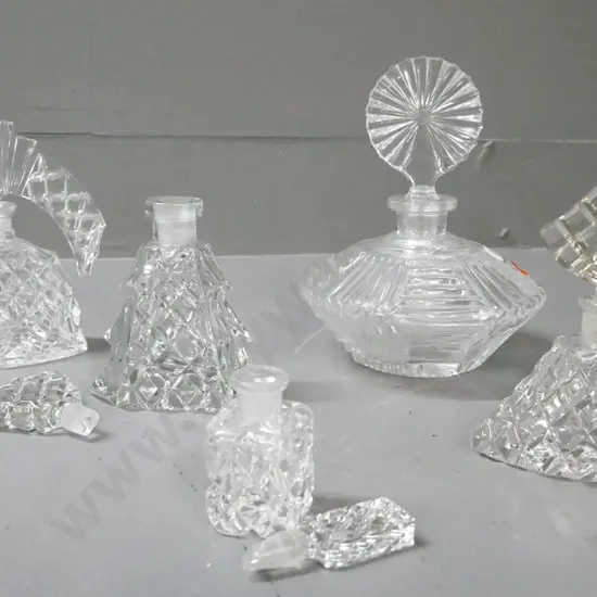 5x cut glass stoppered perfume bottles. 4x hobnail cut, smallest marked 'made in w germany', 2x damaged stoppers