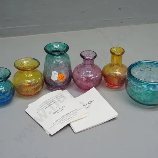 6 assorted small Hoglund art glass items - 5 vases and a bowl/vase - tallest is H-80