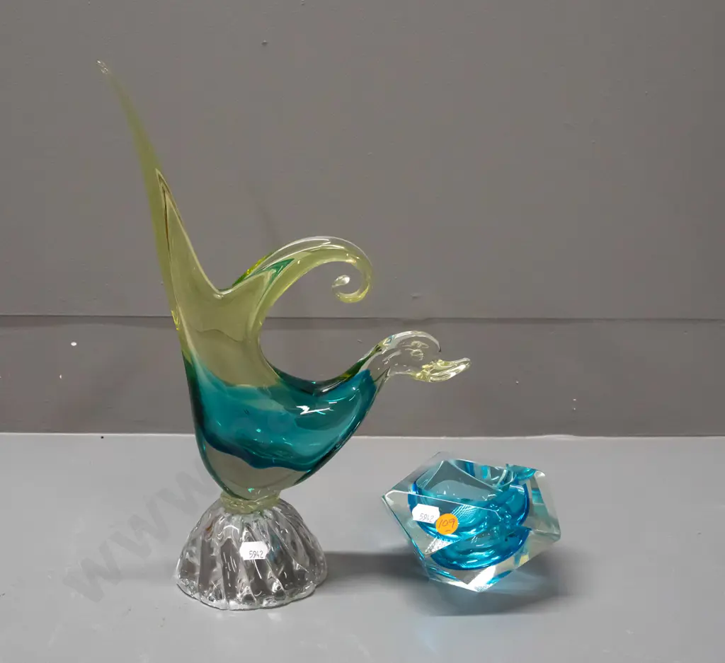 2 art glass items - blue and clear faceted ashtray w/ hobnail pattern on base & clear, blue & yellow bird figure H-330 Image 1++