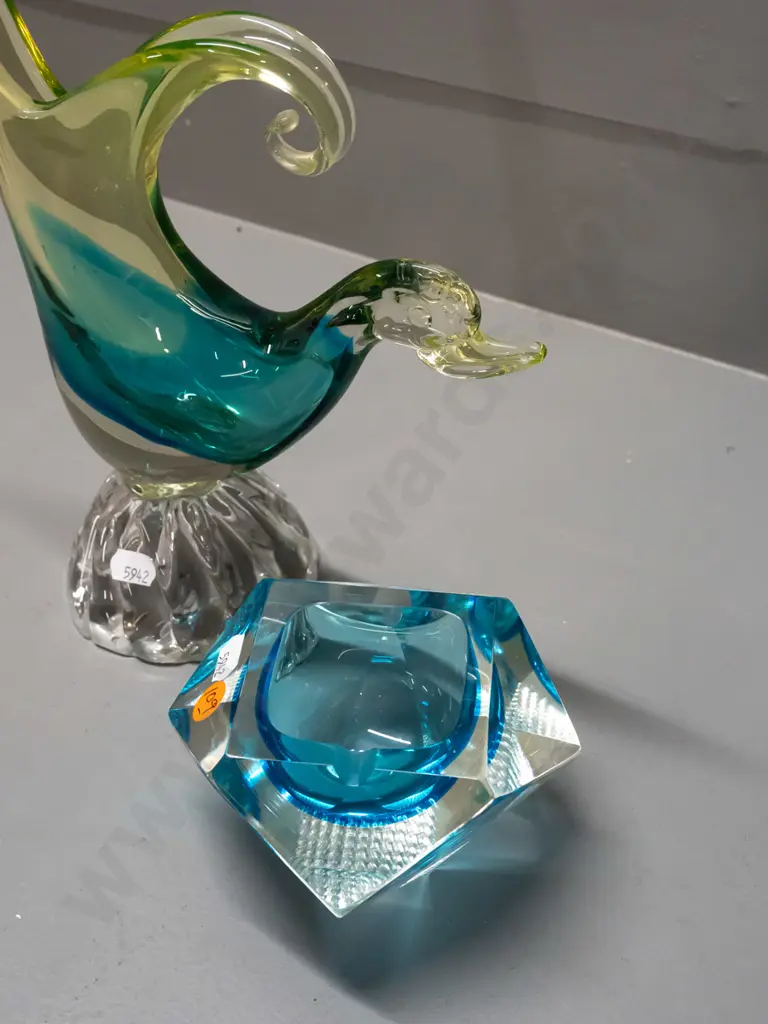 2 art glass items - blue and clear faceted ashtray w/ hobnail pattern on base & clear, blue & yellow bird figure H-330 Image 1++
