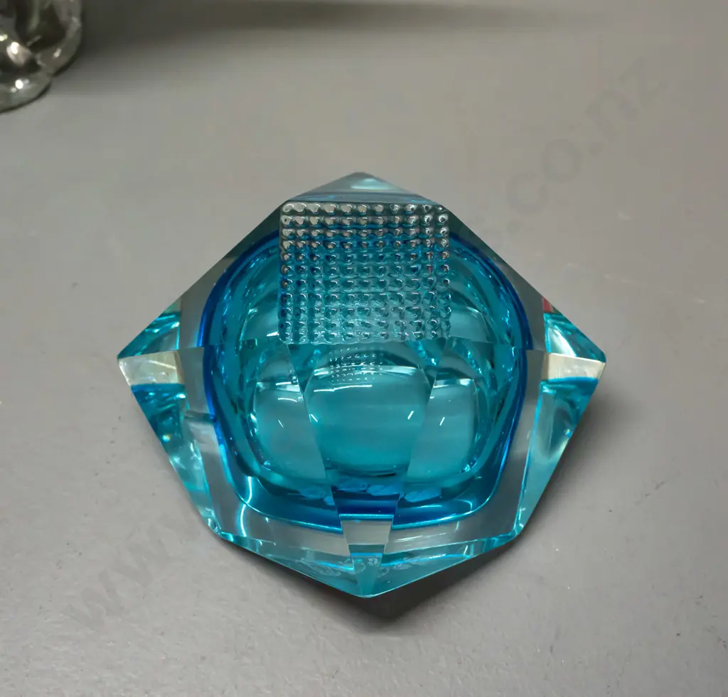 2 art glass items - blue and clear faceted ashtray w/ hobnail pattern on base & clear, blue & yellow bird figure H-330 Image 1++