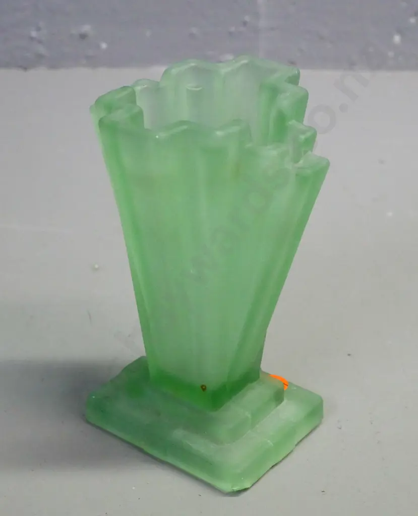 art deco moulded green uranium glass vase. Chip to corner of base. H-155 Image 1++