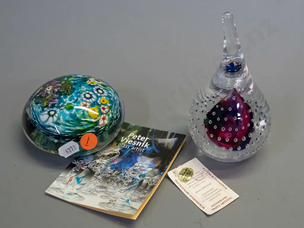 2 art glass items - Peter Viesnik paperweight and an Adam Jablonski Poland teardrop ornament H-130 Image 1++