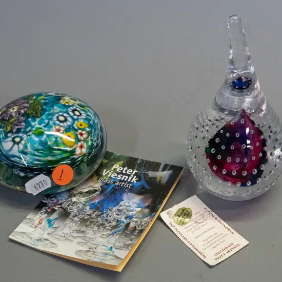 2 art glass items - Peter Viesnik paperweight and an Adam Jablonski Poland teardrop ornament H-130