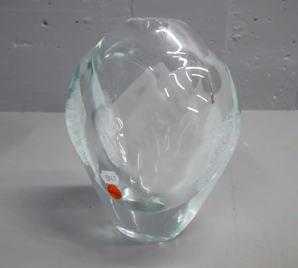 three pieces of art glass: oval bowl in brown and ivory, mottled blue scent bottle & clear fluted vase. Scent bottle Image 1++