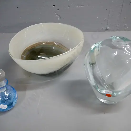 three pieces of art glass: oval bowl in brown and ivory, mottled blue scent bottle & clear fluted vase. Scent bottle
