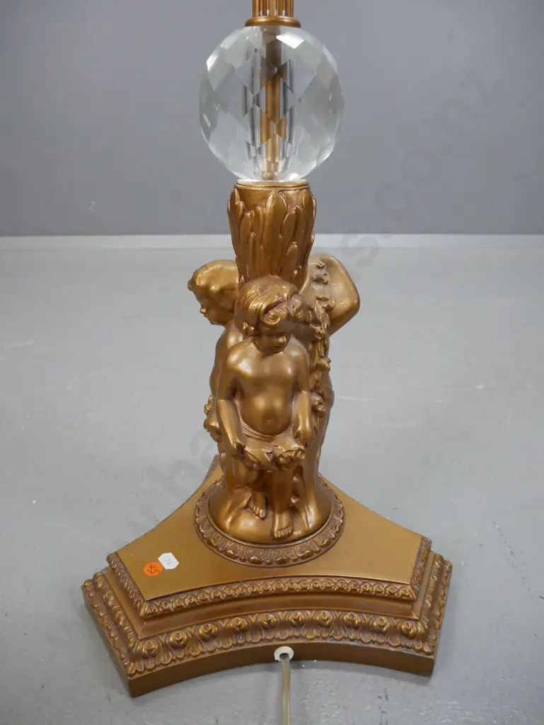 gilt finish metal standard lamp with fluted column, centre knot w/ hangiin lustres, 3 putti holding a cut crystal sphere Image 1++
