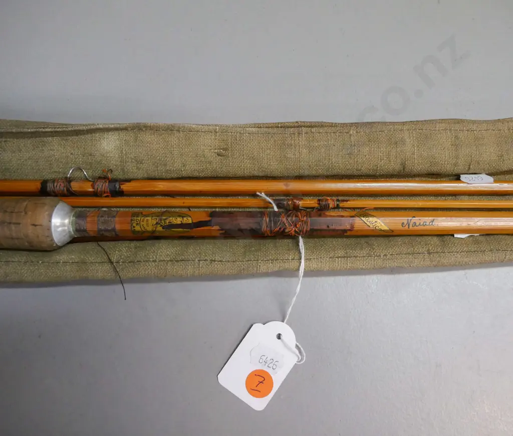 3-piece split cane fly rod, with one extra tip. Marco Elasticane 'Naiad' brand, some loose binding and re-binding. Image 1++