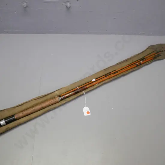 3-piece split cane fly rod, with one extra tip. Marco Elasticane 'Naiad' brand, some loose binding and re-binding.