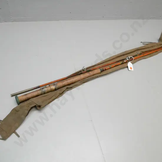 2-piece split cane fly rod, DAM brand, 'Quick'. New eyelets & binding. Some damage to cork handle. Tears to cloth bag.