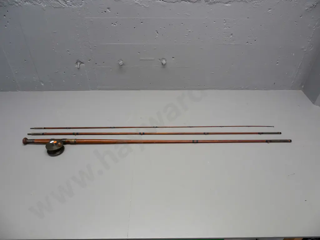 vintage 3-piece wooden fishing fly rod with brass fittings and reel - butt collar marked Farlow & Co London, no maker's Image 1++