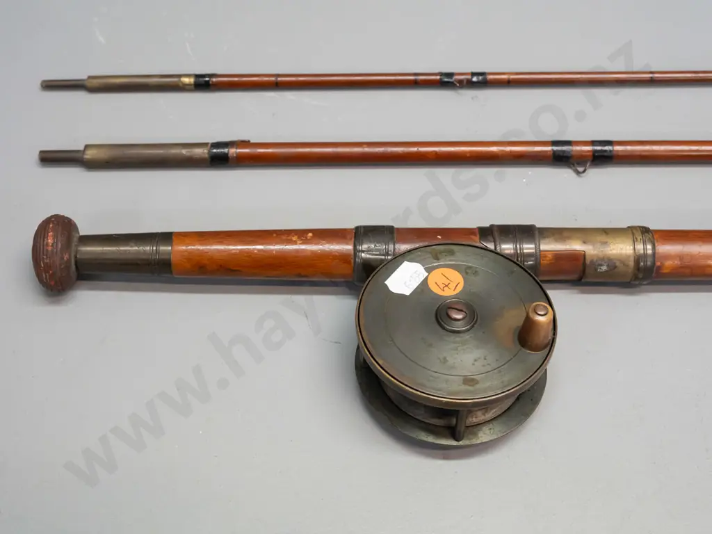 vintage 3-piece wooden fishing fly rod with brass fittings and reel - butt collar marked Farlow & Co London, no maker's Image 1++