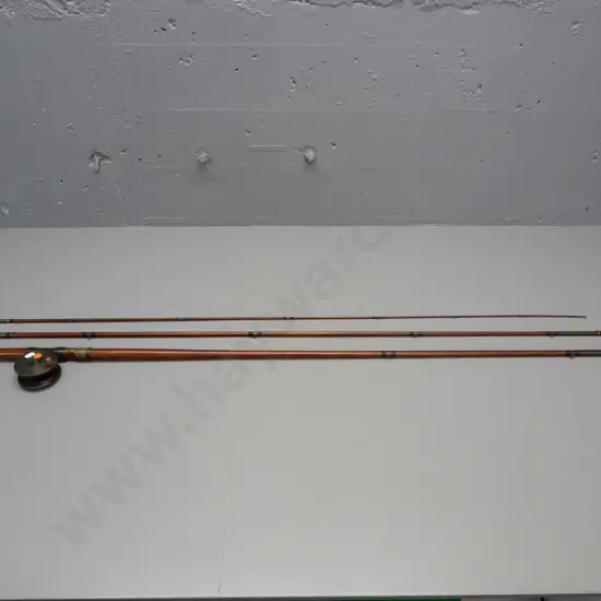 vintage 3-piece wooden fishing fly rod with brass fittings and reel - butt collar marked Farlow & Co London, no maker's