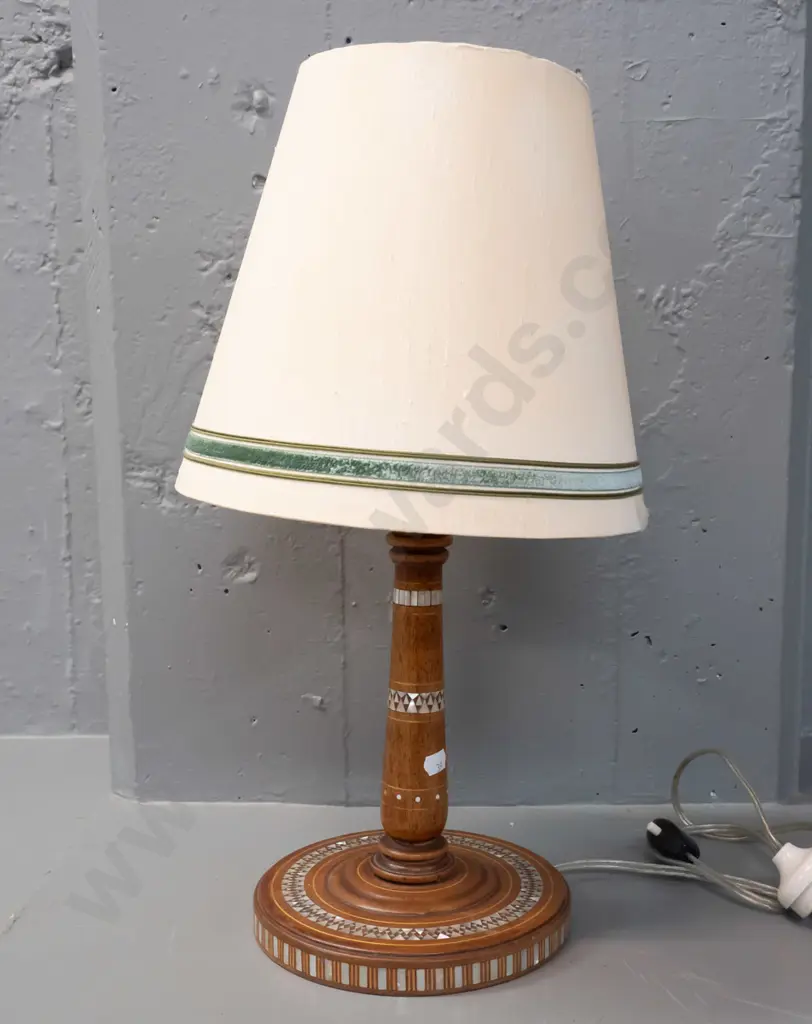 turned timber table lamp with intricate inlaid mother of pearl decoration and bands of boxwood stringing - shade has Image 1++