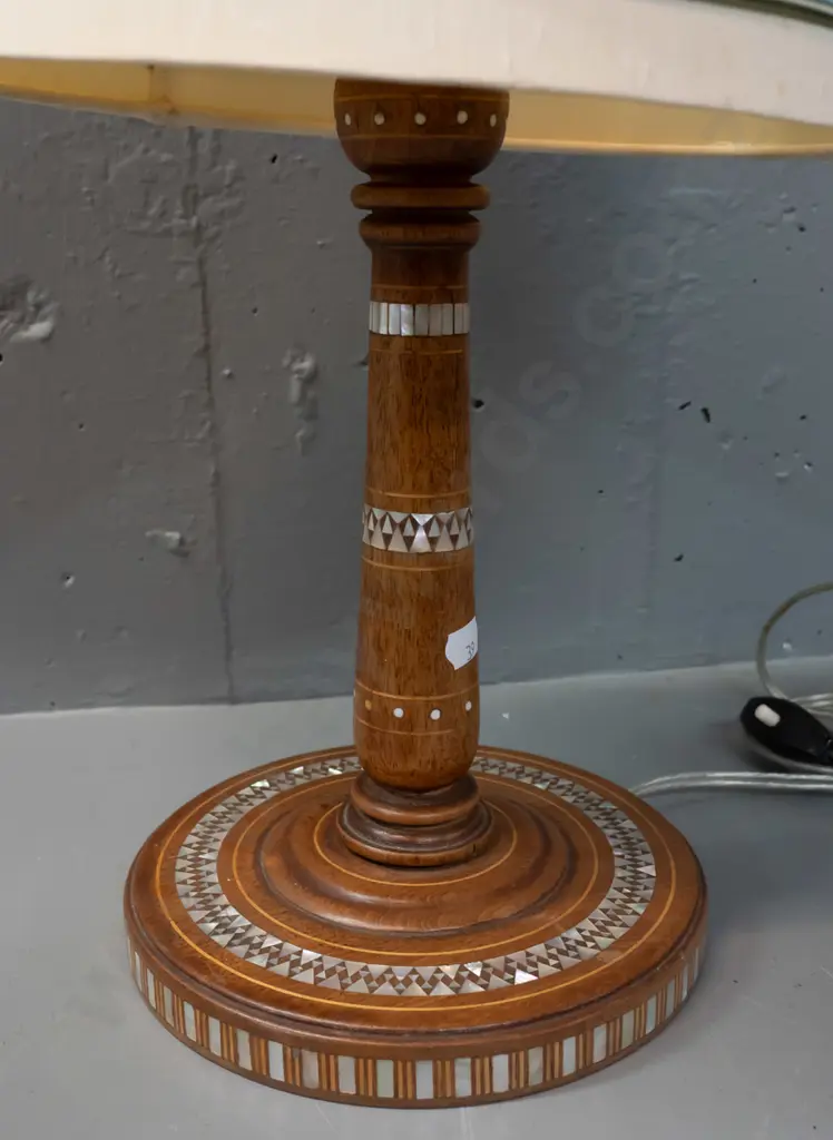 turned timber table lamp with intricate inlaid mother of pearl decoration and bands of boxwood stringing - shade has Image 1++