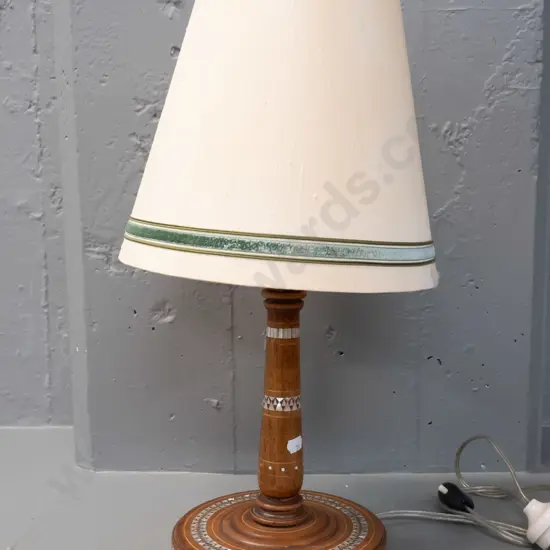 turned timber table lamp with intricate inlaid mother of pearl decoration and bands of boxwood stringing - shade has