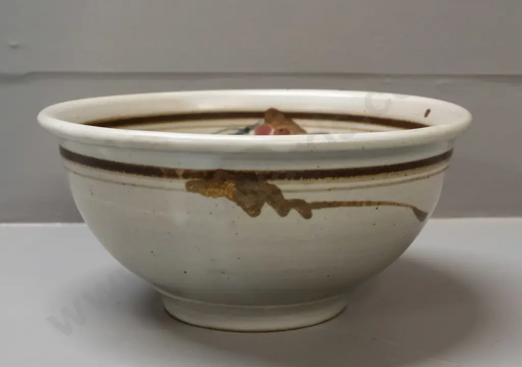Neil Grant NZ studio pottery bowl, fuchsia pattern, firing fault to bottom rim. H-100, D-220 Image 1++