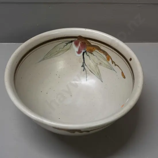 Neil Grant NZ studio pottery bowl, fuchsia pattern, firing fault to bottom rim. H-100, D-220