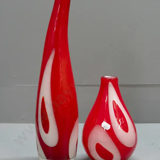 2 art glass vases - red with white ovals and interior, taller one is H-350