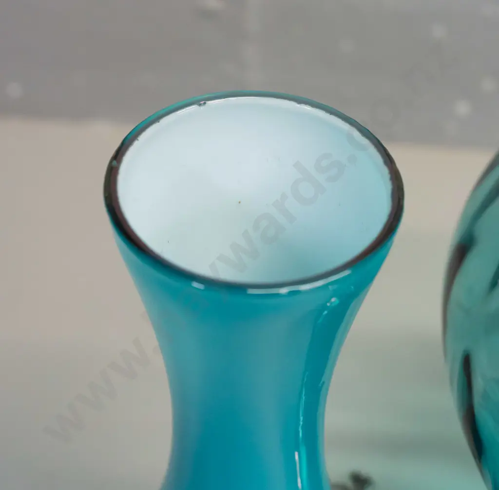 3 pieces of glass - aqua comport with twisted clear stem, small Belgian stoppered genie bottle H-290 and a small teal Image 1++