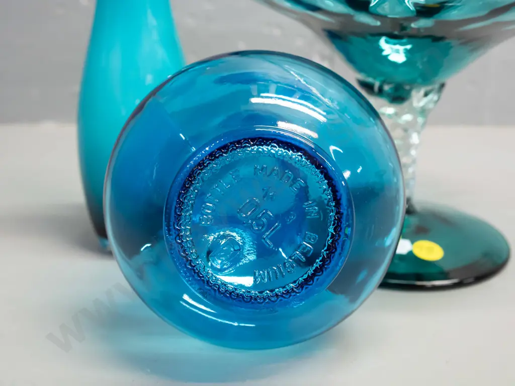 3 pieces of glass - aqua comport with twisted clear stem, small Belgian stoppered genie bottle H-290 and a small teal Image 1++