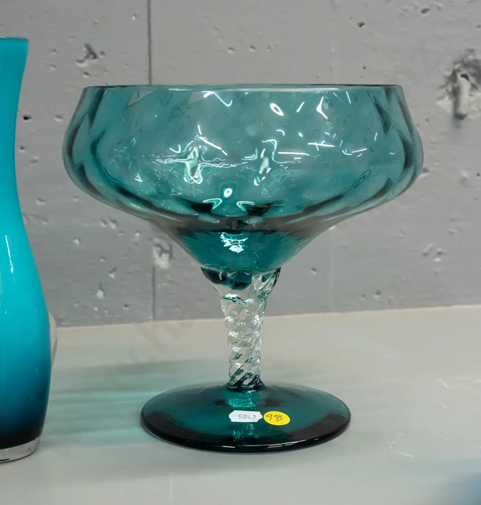 3 pieces of glass - aqua comport with twisted clear stem, small Belgian stoppered genie bottle H-290 and a small teal Image 1++