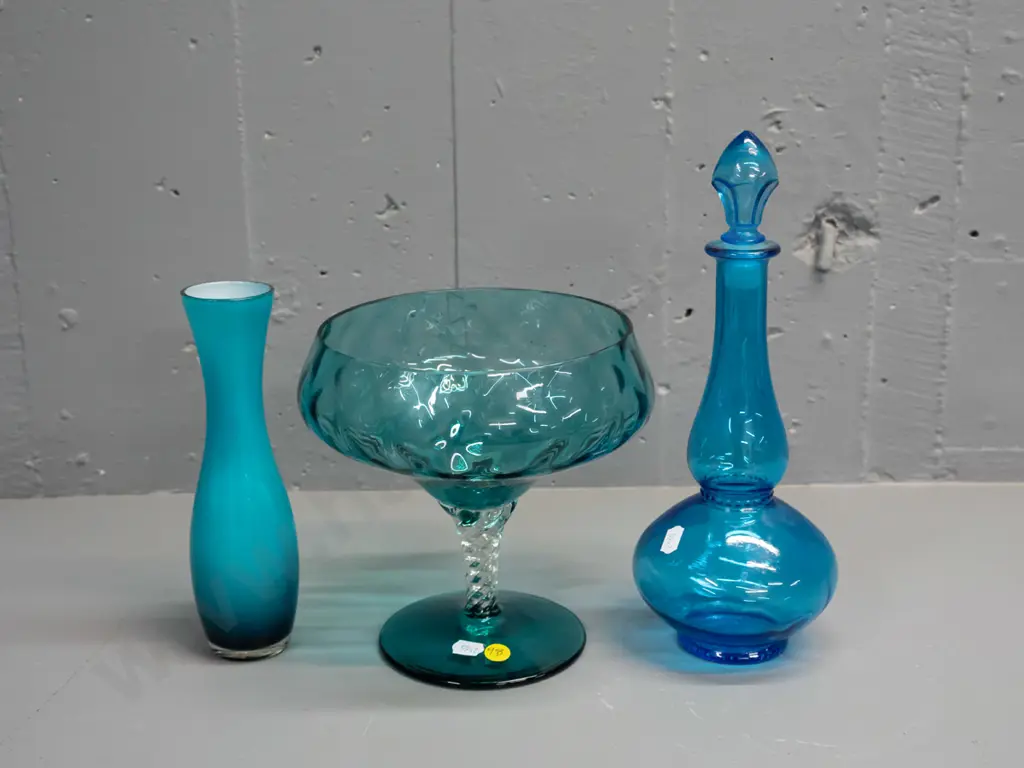 3 pieces of glass - aqua comport with twisted clear stem, small Belgian stoppered genie bottle H-290 and a small teal Image 1++